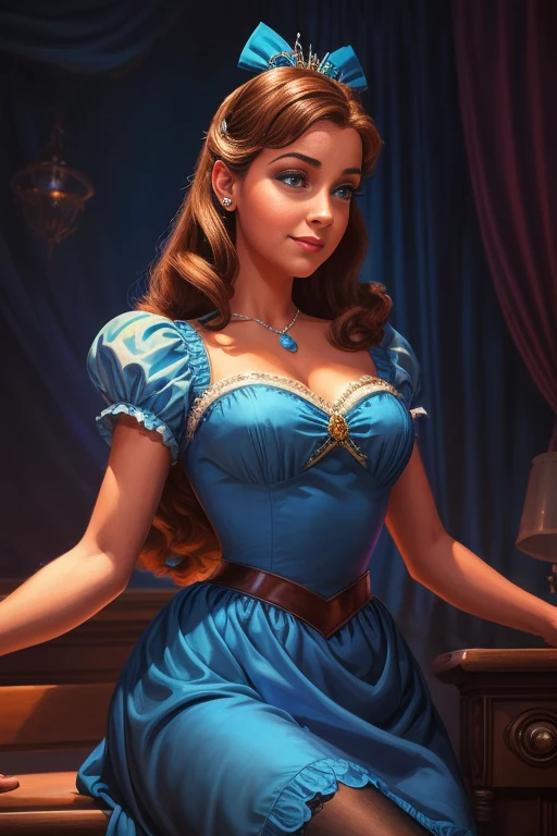 a close up of a woman in a blue dress and stockings, photorealistic disney, art in the style of disney, in style of disney animation, disney character, inspired by Greg Hildebrandt, disney photo realistic, inspired by Tim and Greg Hildebrandt, inspired by Ron English, princess intergalactica, disney artstyle, inspired by hajime sorayama