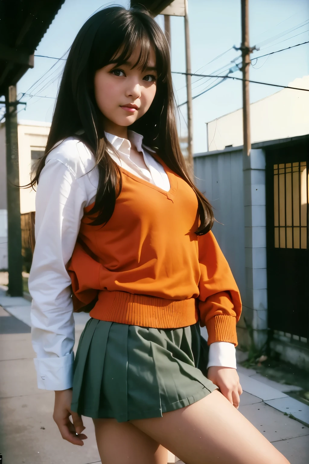 Beautiful girls dressed as elementary school students from the 70s、Rugby shirt and very short denim shorts,High socks and sneakers.Black haired Japanese