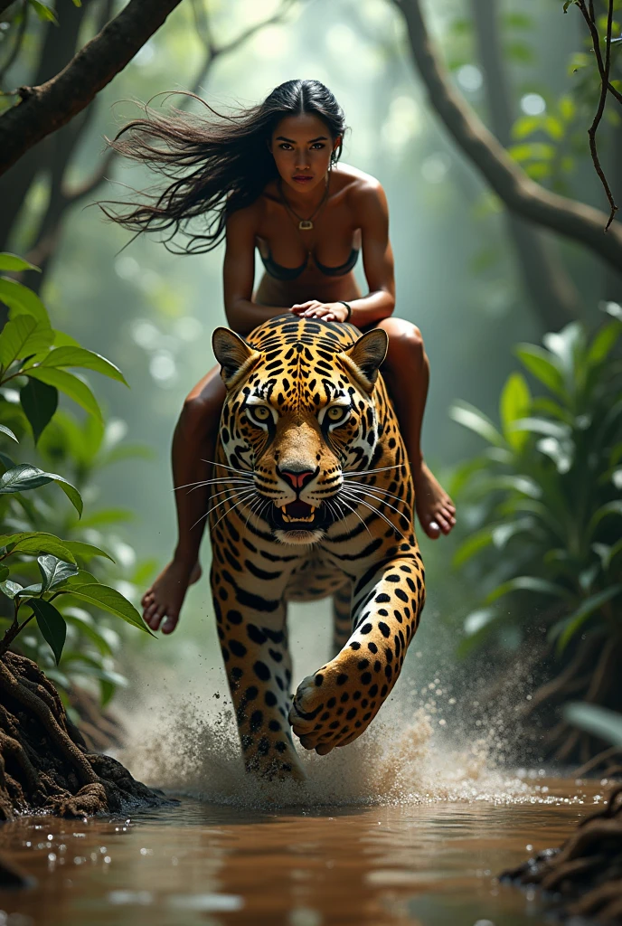 A naked woman reveals her beautiful breasts and buttocks, running out of a stream in a dense forest, escaping from an elephant chasing her from behind.