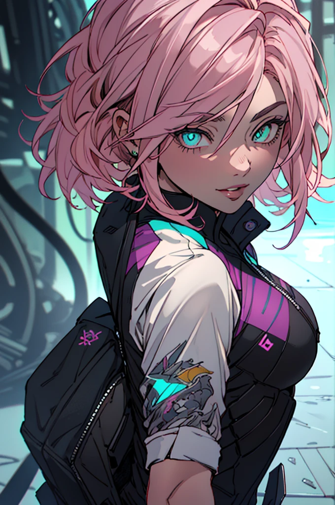 ((best quality,ultra-detailed,realistic)),HDR,UHD,studio lighting,1girl,professional,vivid colors,bokeh,portrait,shortpink hair,light pink hair,beautiful detailed purple eyes, pale skin,curvaceous, concrete, shadow, dark atmosphere, black ocultist outfit,pretty, delicate features, long lashes, big lips, beautiful, short straight hair, long lashes, big lips, beautiful, short straight hair,((magic backgound)), magical suit, ((ocultist suit)), (((detailed face))), (((detailed eyes))), ((black magic)), ((necromancy)), ((turquoise eyes)), short hair