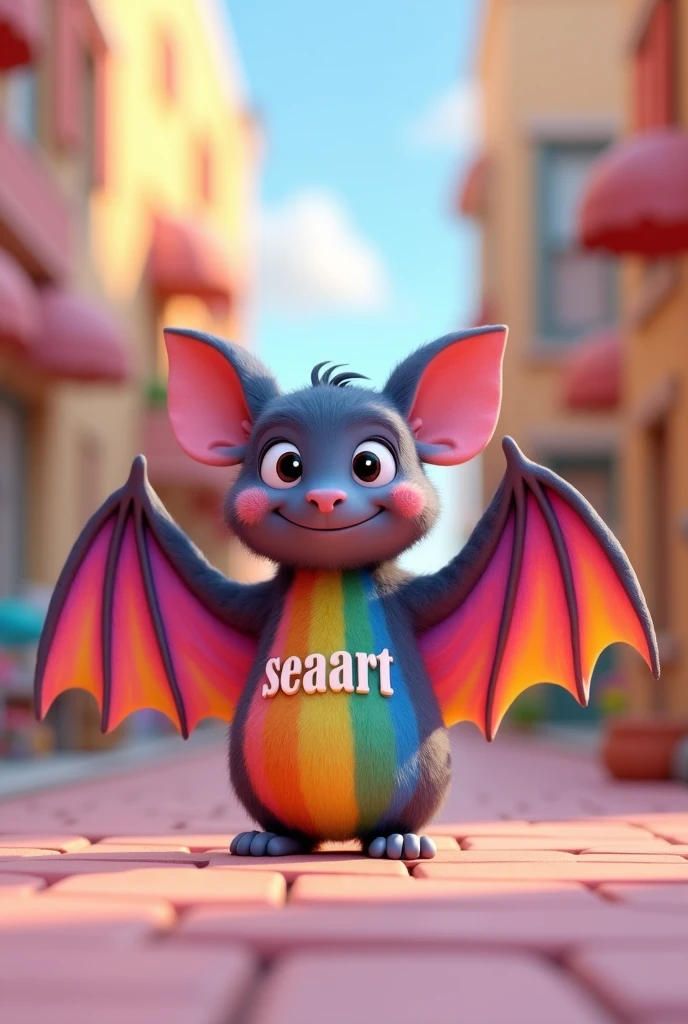 a mysterious rainbow-colored bat, sea art text on bat body, cute face, flapping wings, children will love, 3D animation, soft colorful colors, highly detailed, 8k, photorealistic, volumetric lighting, dynamic composition, vibrant palette, digital art