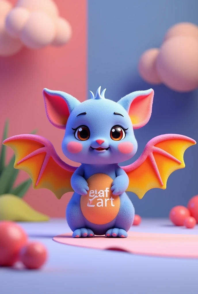 a mysterious rainbow-colored bat, sea art text on bat body, cute face, flapping wings, children will love, 3D animation, soft colorful colors, highly detailed, 8k, photorealistic, volumetric lighting, dynamic composition, vibrant palette, digital art