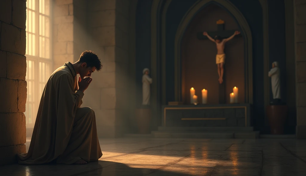 35-year-old man, sentado en un templo de luz, meditando y dando gracias con sus manos juntas,     namaste. hd 4k. no manos deformes, no pies deformes .