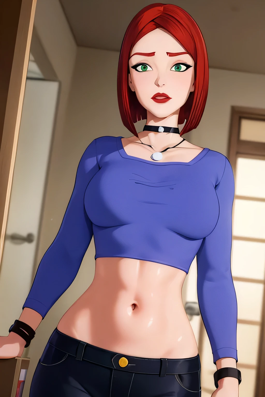 super fine illustration, vibrant colors, masterpiece, sharp focus, best quality, depth of field, looking down, cinematic lighting, ultra detailed, solo, 1girl, belly button, bellybutton, navel, tummy, choker, jewelry, necklace, black choker, blue shirt, crop top, long sleeves, black_pants, jeans, denim, wristband, red hair, short hair, green eyes, makeup, lipstick, red lips, bob cut, lips, mature woman, indoors, embarrassed,  CARTOON_merry_jane_watson_SMTAS_ownwaifu, www.ownwaifu.com, indoors, midriff, blush, open mouth, leaning forward, large navel, small breasts, looking down, hand on own stomach, skinny, slender
