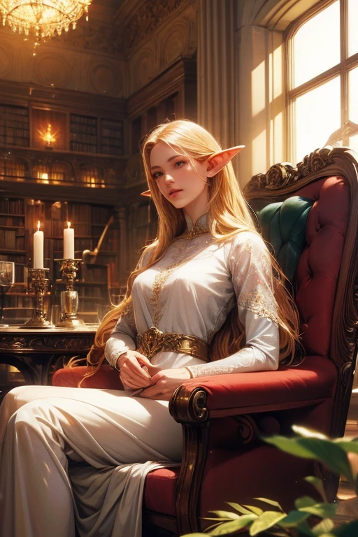 A beautiful elf girl with long, flowing hair sitting in an armchair in a library, taking a sip of wine, surrounded by a surreal, cinematic atmosphere with dramatic lighting, depth of field, and God rays, in the style of an anime Renaissance painting, with high-quality, photorealistic details, textured skin, and an ultra-high-definition, retina-quality artistic masterpiece.