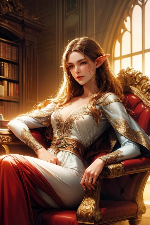 A beautiful elf girl with long, flowing hair sitting in an armchair in a library, taking a sip of wine, surrounded by a surreal, cinematic atmosphere with dramatic lighting, depth of field, and God rays, in the style of an anime Renaissance painting, with high-quality, photorealistic details, textured skin, and an ultra-high-definition, retina-quality artistic masterpiece.