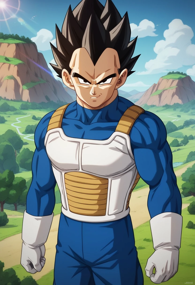 Vegeta, with his typical hair, male, black hair, black eyes, Spiky hair, High resolution, masterpiece, high details, landscape background, a little thin, throwing a violet-colored energy beam from his hands 