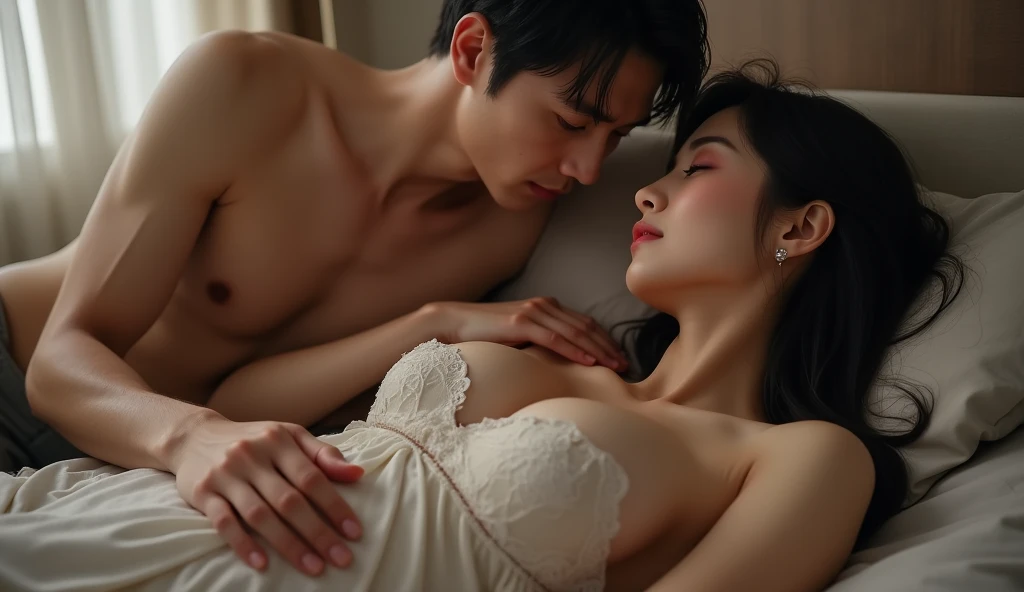 In the full Tang Dynasty, a beautiful naked princess was lying on a bed, looking at a man who was leaning down to kiss her pussy and squeezing her breasts.
