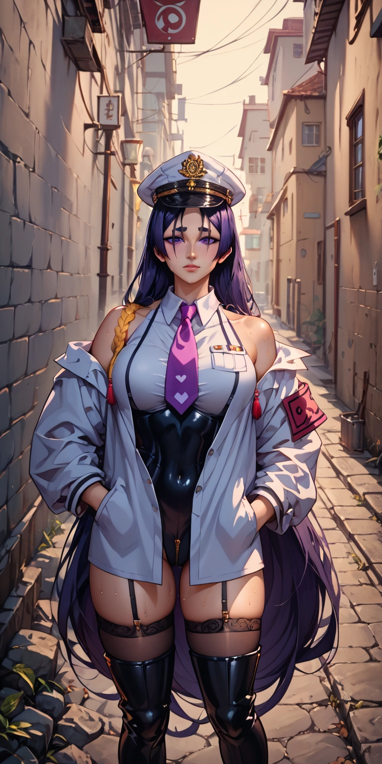 score_9, score_8_up, score_7_up, score_6_up, minamoto no raikou (FATE), long hair, very long hair, purple eyes, purple hair, parted bangs, thick eyebrows, mature female, BREAK Anime Style, Manga Style, Hand drawn, cinematic, Sharp focus, humorous illustration, big depth of field, Masterpiece, concept art, trending on artstation, Vivid colors, Simplified style, trending on ArtStation, trending on CGSociety, Intricate, Vibrant colors, Soft Shading, Simplistic Features, Sharp Angles, Playful, excessive sweating, sweating profusely, sweating drop BREAK, lemon0051, elbow gloves, armband, collared shirt, leotard, necktie, peaked cap, garter straps, thigh boots BREAK, white choker, hands in pocket, alley,