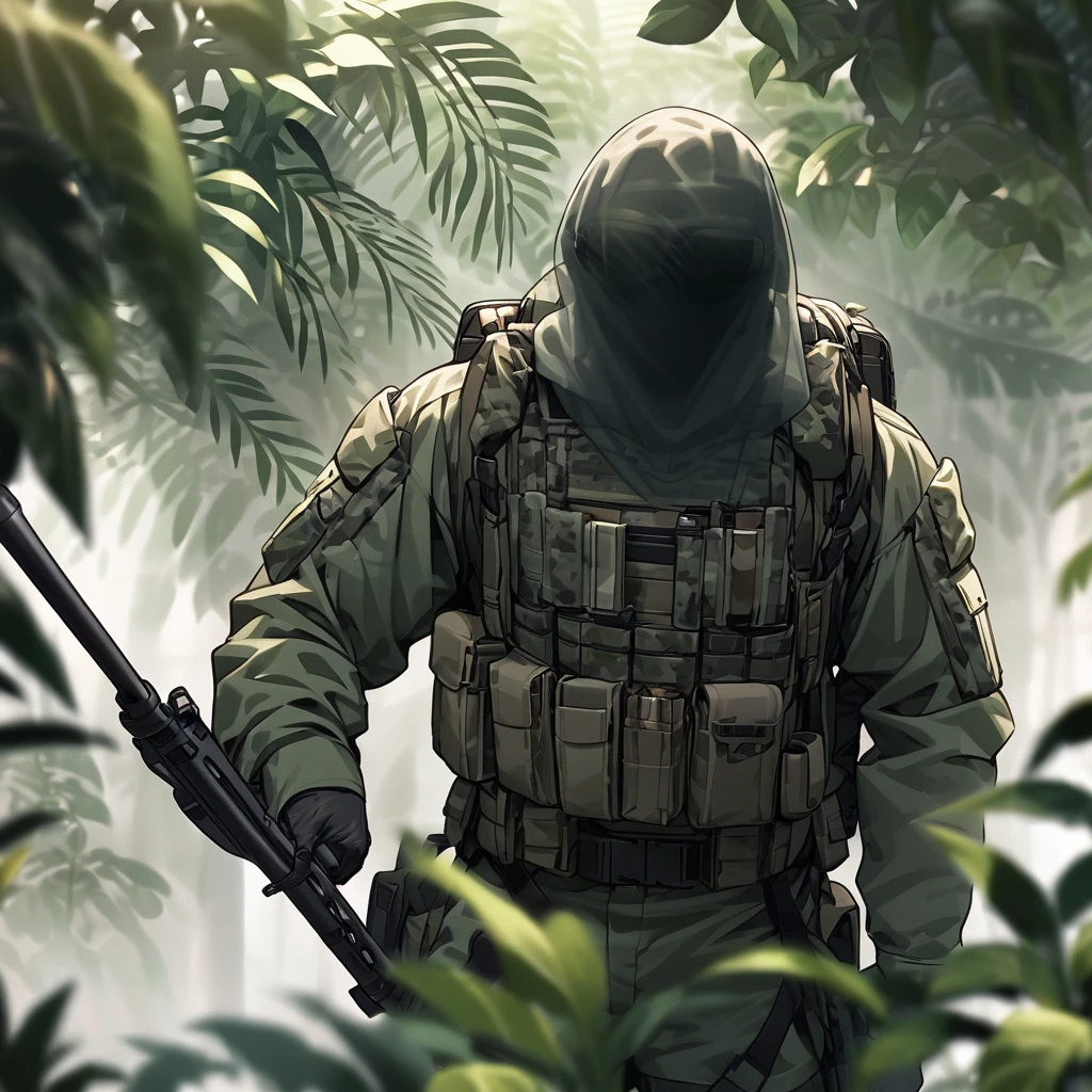 ((Invisible Man:1.5))、Stealth Infantry Combat Group、Invisible Manの複数の女性兵士、The outline of the body is blurred and unclear、He pointed the muzzle of his sniper rifle at me and glared at me.、Hiding in the dense jungle、Apply detail paint to face、Assimilating into the jungle、The face and hands are barely visible.。It&#39;s dark because the sunlight doesn&#39;t reach the deep jungle.。