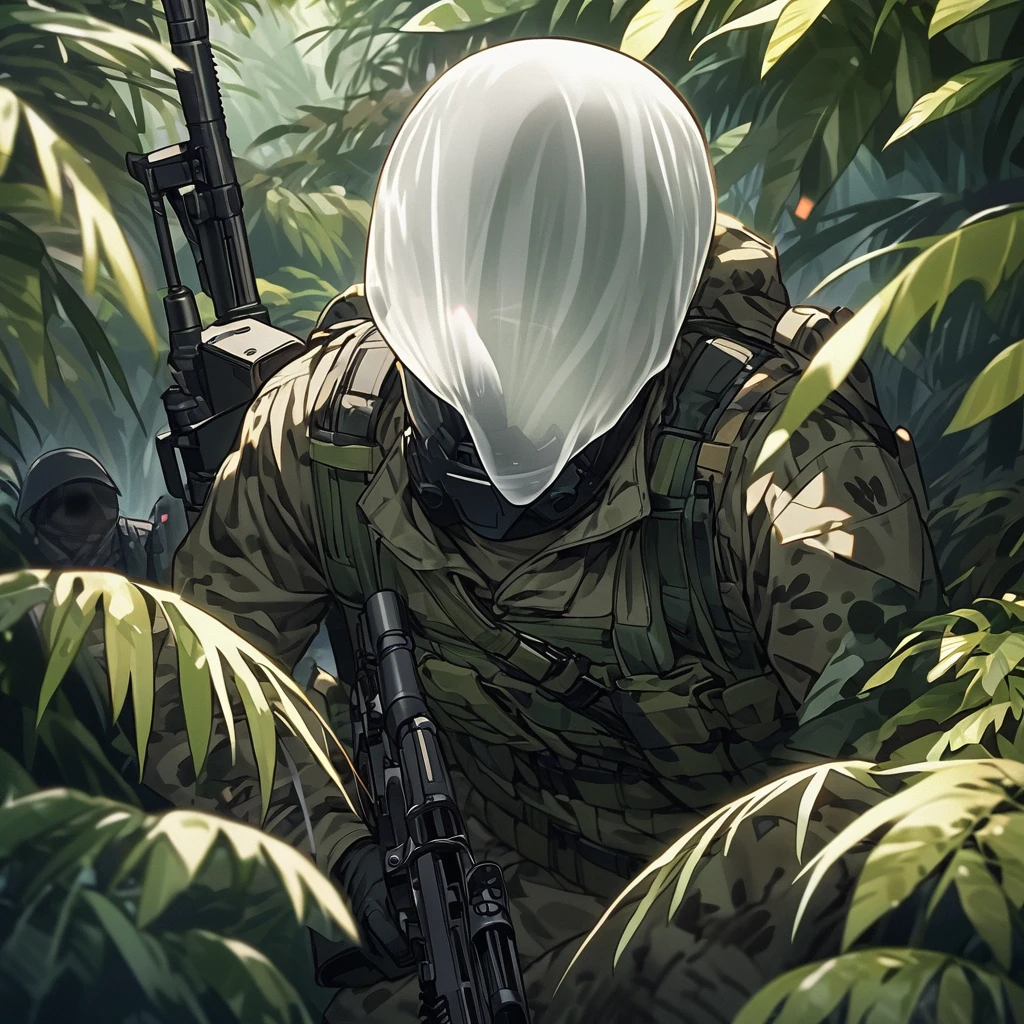 ((Invisible Man:1.5))、Stealth Infantry Combat Group、Invisible Manの複数の女性兵士、The outline of the body is blurred and unclear、He pointed the muzzle of his sniper rifle at me and glared at me.、Hiding in the dense jungle、Apply detail paint to face、Assimilating into the jungle、The face and hands are barely visible.。It&#39;s dark because the sunlight doesn&#39;t reach the deep jungle.。