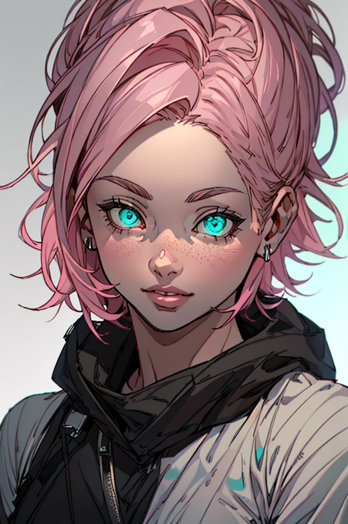 ((best quality, ultra-detailed, realistic)), HDR, UHD, studio lighting,1girl,professional,vivid colors,bokeh, portrait, shortpink hair, light pink hair, beautiful detailed eyes, pale skin, curvaceous, concrete, shadow, dark atmosphere, black ocultist outfit, pretty, delicate features, long lashes, big lips, beautiful, short straight hair, long lashes, big lips, beautiful, short straight hair, ((ocultist suit)), (((detailed face))), (((detailed eyes))), ((black magic)), ((necromancy)), ((turquoise eyes)), short hair