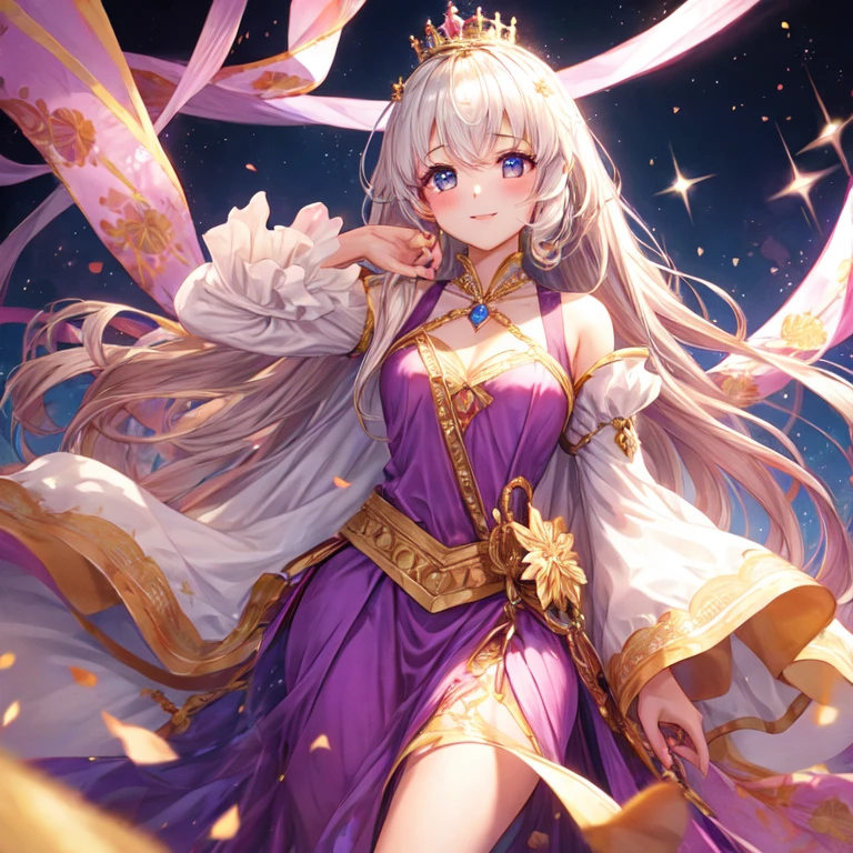 She has red eyes and wears a long dark pink dress and light green slippers. She has gold earrings and white hair. SPARKLE; GLITTER