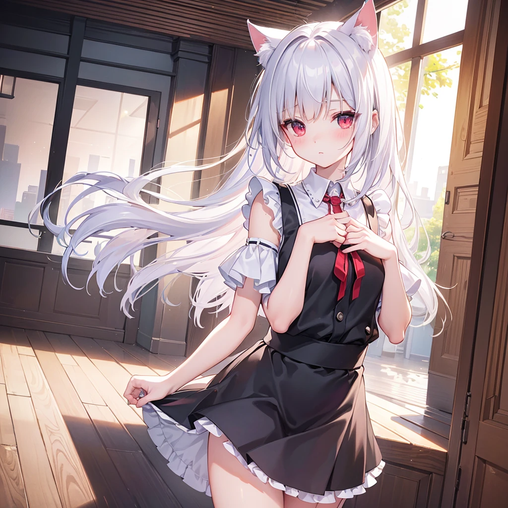 ((masterpiece, Highest quality, Highly detailed CG, unity 8k wallpaper,)), One woman, Maid clothes with short skirts、I can barely see your face、Red eyes、Eyes that shine mysteriously、White Hair、Short Bob、I can see your thighs、I can see your underwear、Cat ears、Pants-like skirt、Shoulders stick out、Lace underwear、Embarrassed look、Pull up your skirt with your own hands、Blushing, lingerie、Inside the cafe