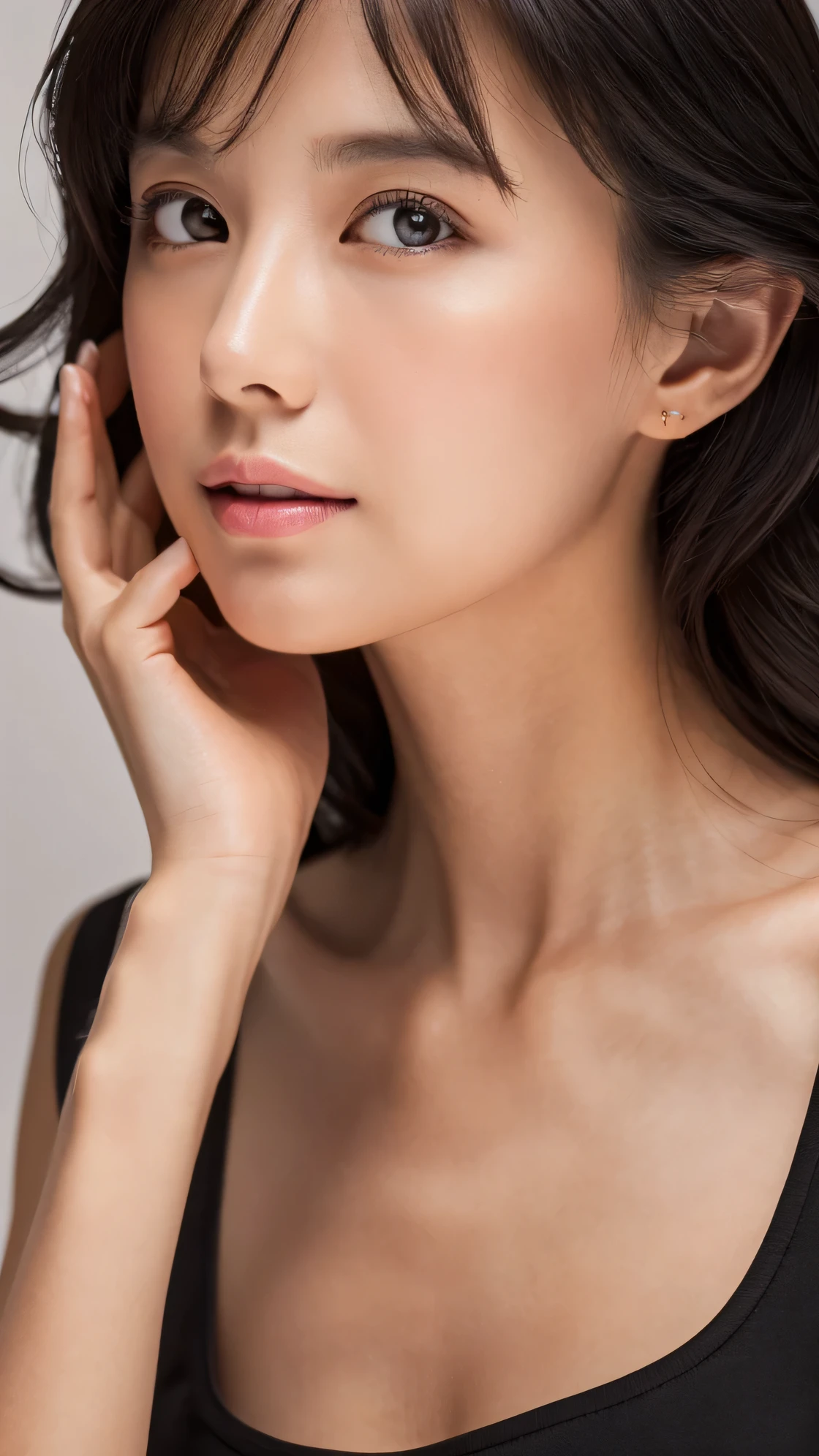 a fashion model，18yr old， [[[[climaxing]]], [[[[climaxing]]]], [[[[Cole]]]], [[[[bshoulder]]]], perfect  eyes, Perfect iris，perfect lips，perfect teeth，Perfect Skin，with fair skin，HighDynamicRange，Movie Girl，(delicated face)，(Highly defined faces)，（Raised sexy），((facial closeups))，White openwork lace underwear，In the background is the bedroom，bunk，green trees outside the window，fresh flowers，4K Ultra HD, 超高分辨率, (realistically: 1.4), Best quality at best，tmasterpiece，（pastel colour：1.2）