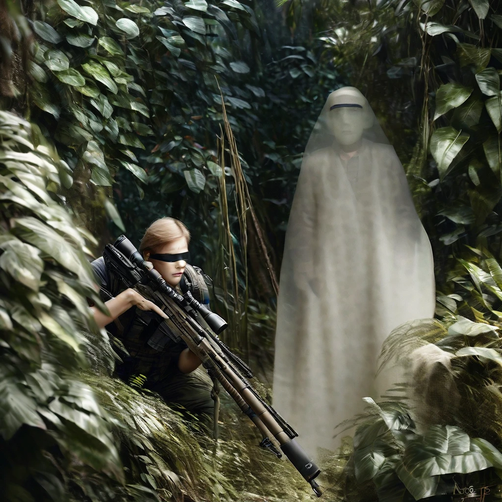 ((Invisible Man:1.5))、Stealth Infantry Combat Group、Invisible Manの複数の女性兵士、The outline of the body is blurred and unclear、He pointed the muzzle of his sniper rifle at me and glared at me.、((Realistic、Real Photo Style))、Dense Jungle、Hiding in the dense jungle、Apply detail paint to face、Assimilating into the jungle、The face and hands are barely visible.。It&#39;s dark because the sunlight doesn&#39;t reach the deep jungle.。