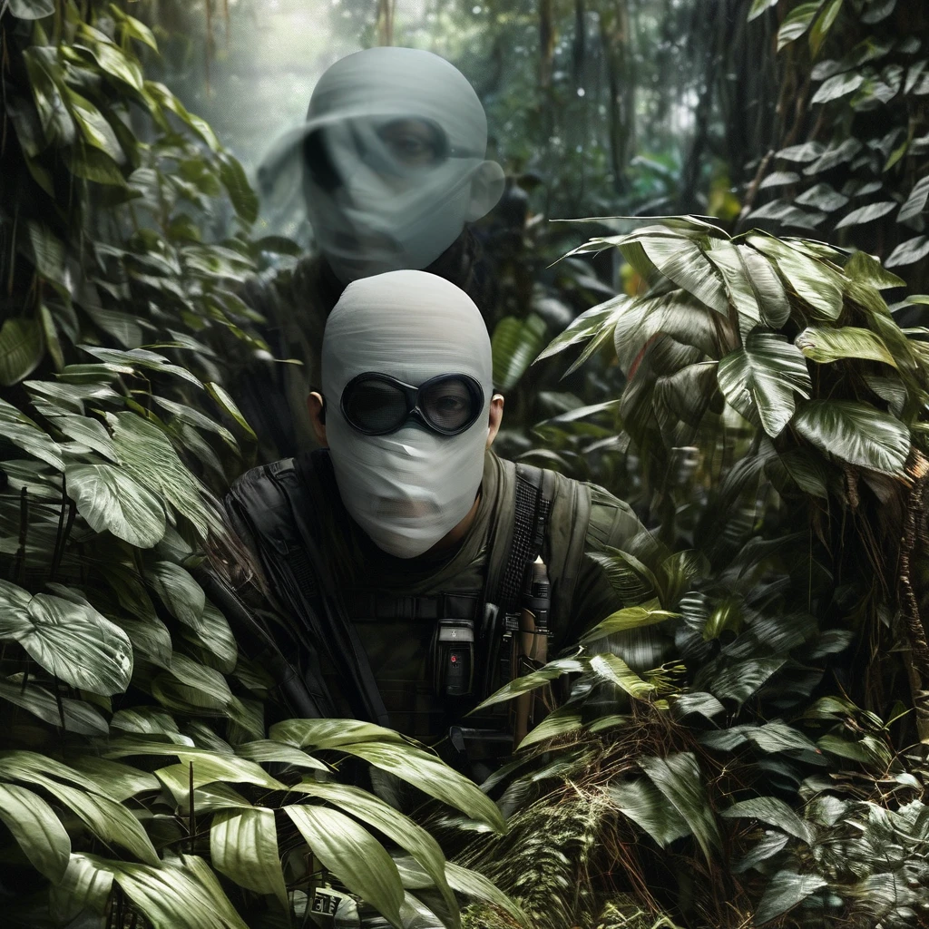 ((Invisible Man:1.5))、Stealth Infantry Combat Group、Invisible Manの複数の女性兵士、The outline of the body is blurred and unclear、He pointed the muzzle of his sniper rifle at me and glared at me.、((Realistic、Real Photo Style))、Dense Jungle、Hiding in the dense jungle、Apply detail paint to face、Assimilating into the jungle、The face and hands are barely visible.。It&#39;s dark because the sunlight doesn&#39;t reach the deep jungle.。