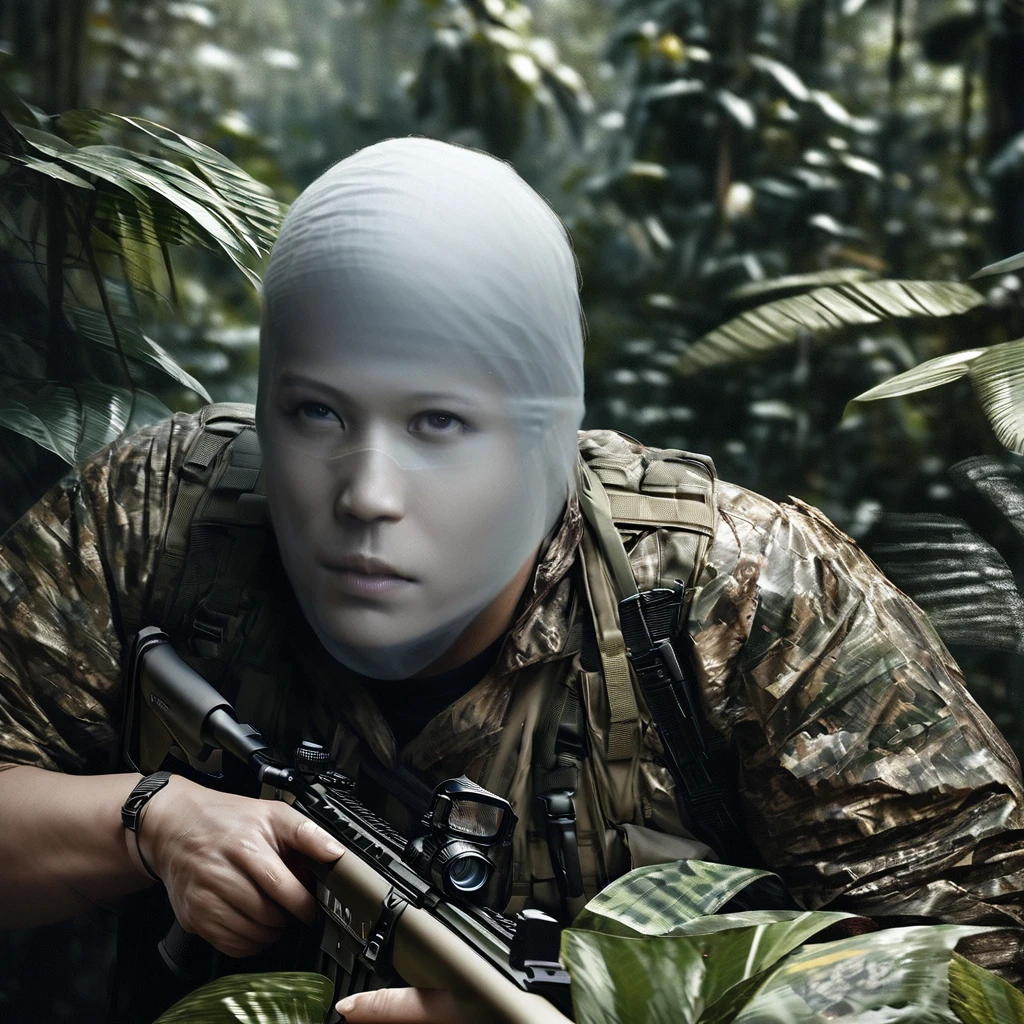 ((Invisible Man:1.5))、Stealth Infantry Combat Group、Invisible Manの複数の女性兵士、The outline of the body is blurred and unclear、He pointed the muzzle of his sniper rifle at me and glared at me.、((Realistic、Real Photo Style))、Dense Jungle、Hiding in the dense jungle、Apply detail paint to face、Assimilating into the jungle、The face and hands are barely visible.。It&#39;s dark because the sunlight doesn&#39;t reach the deep jungle.。