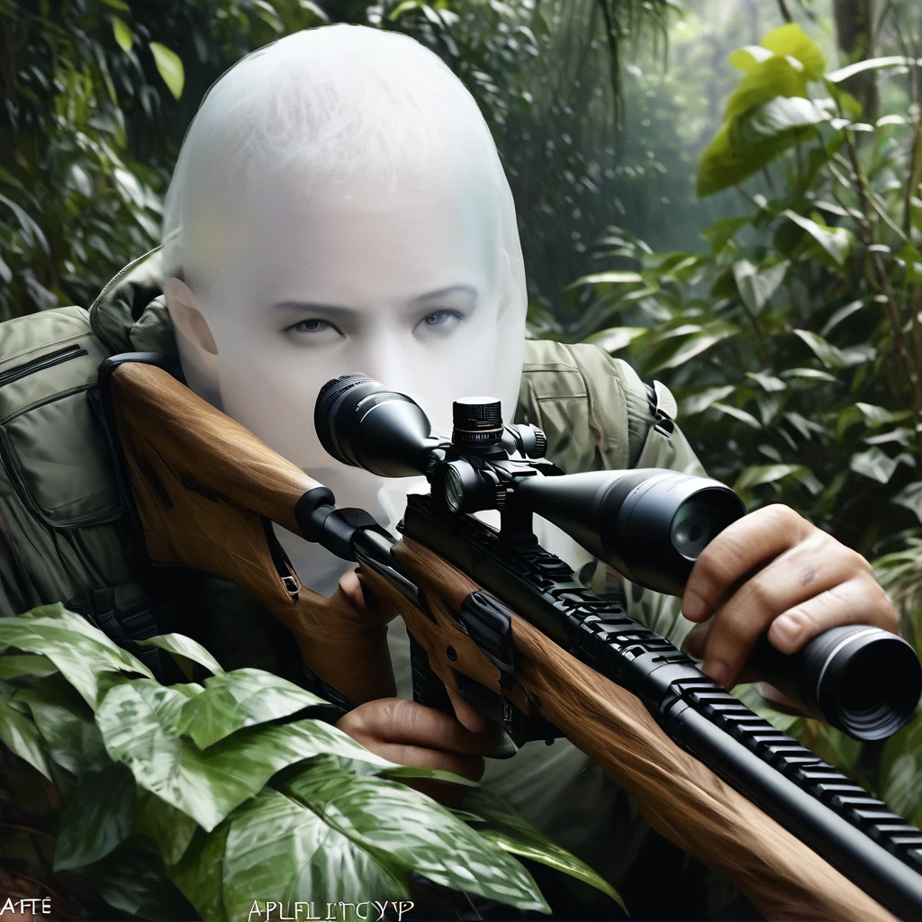 ((Invisible Man:1.5))、Stealth Infantry Combat Group、Invisible Manの複数の女性兵士、The outline of the body is blurred and unclear、He pointed the muzzle of his sniper rifle at me and glared at me.、((Realistic、Real Photo Style))、Dense Jungle、Hiding in the dense jungle、Apply detail paint to face、Assimilating into the jungle、The face and hands are barely visible.。It&#39;s dark because the sunlight doesn&#39;t reach the deep jungle.。