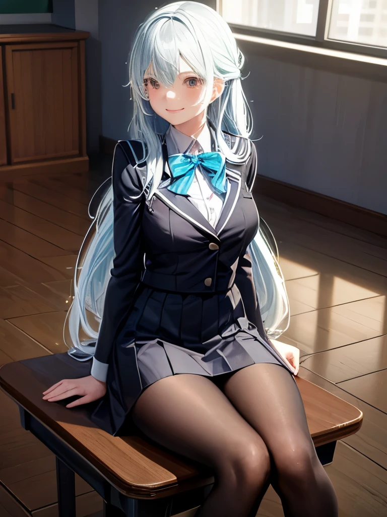 Random preview, Tiro de corpo inteiro, anime, Estilo Anime Mulher Realista, (Blue-eyed Hungarian),  de 18 anos, ((blazer cinza, Amor, mini saia plissada azul marinho, Meias)), University Classroom, Belo detalhe nos olhos, (tamanho dos olhos: 3/4) luz no rosto, ((Foto de corpo inteiro: 1.2)), Luz especialmente forte, (Olhos superiores, Sorriso sorridente: 1.2), pele brilhante, (((random hair color))), (coxas grossas), ulzzang-6500-v1.1: 0.2, Shy, (flash: 1.2), NSFW , (Inchado), ((postura sedutora: 1.2, atraente: 1.2)), (inativo), (sentado em uma mesa: 1.2)), ((boa anatomia: 1.2)), Sala de aula luminosa e refrescante, beautiful and symmetrical face, natural side lighting, 8k, Fotos RAW, Qualidade superior, Obras-primas, RAW color photos high definition professional close-up photos, (realista, fotorrealismo: 1.37), (mais alta qualidade), (sombras claras de alto contraste), (better illustrations), (erotic, sexy, ultra-high resolution, 8K HD Unified CG Wallpapers, Physical representation, film lighting), Canon EOS R50 camera with 50mm lens