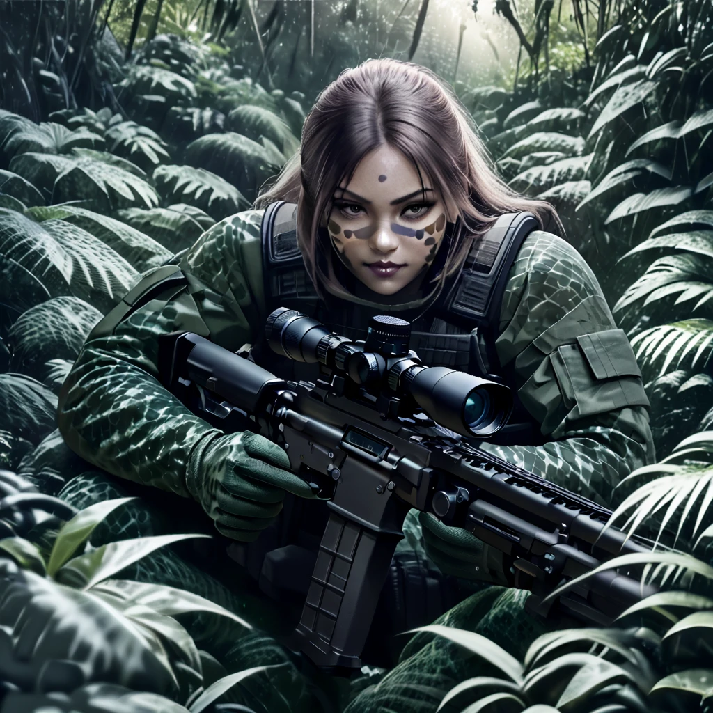 realistic highly detailed transparent stealth female combat squad,multiple transparent stealthy female soldiers in jungle,blurred body outlines,aiming sniper rifle at camera,realistic,photorealistic style,dense lush jungle,hidden in foreboding jungle,face painted with intricate patterns,blending into jungle,glimpses of face and hands,dark due to lack of direct sunlight in deep jungle