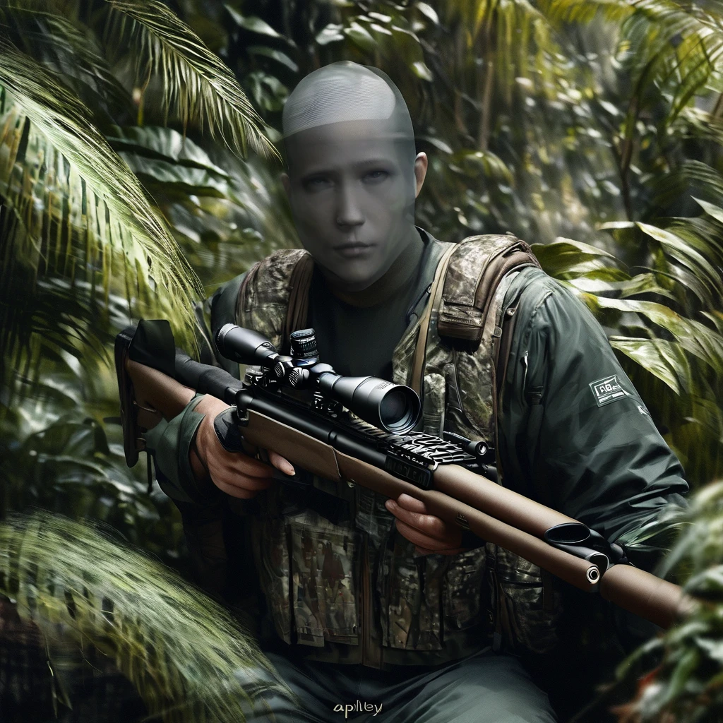 ((Invisible Man:1.5))、Stealth Infantry Combat Group、Invisible Manの複数の女性兵士、The outline of the body is blurred and unclear、He pointed the muzzle of his sniper rifle at me and glared at me.、((Realistic、Real Photo Style))、Dense Jungle、Hiding in the dense jungle、Apply detail paint to face、Assimilating into the jungle、The face and hands are barely visible.。It&#39;s dark because the sunlight doesn&#39;t reach the deep jungle.。