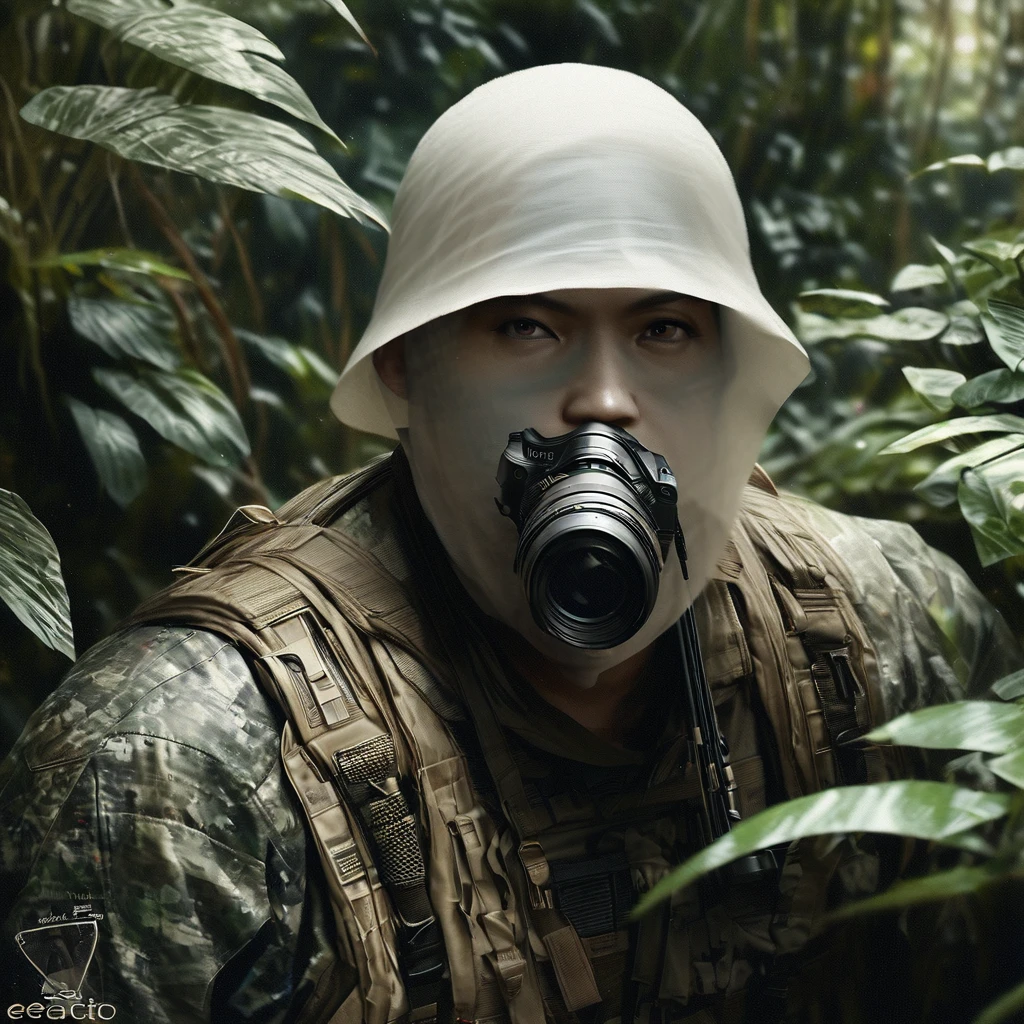 ((Invisible Man:1.5))、Stealth Infantry Combat Group、Invisible Manの複数の女性兵士、The outline of the body is blurred and unclear、He pointed the muzzle of his sniper rifle at me and glared at me.、((Realistic、Real Photo Style))、Dense Jungle、Hiding in the dense jungle、Apply detail paint to face、Assimilating into the jungle、The face and hands are barely visible.。It&#39;s dark because the sunlight doesn&#39;t reach the deep jungle.。