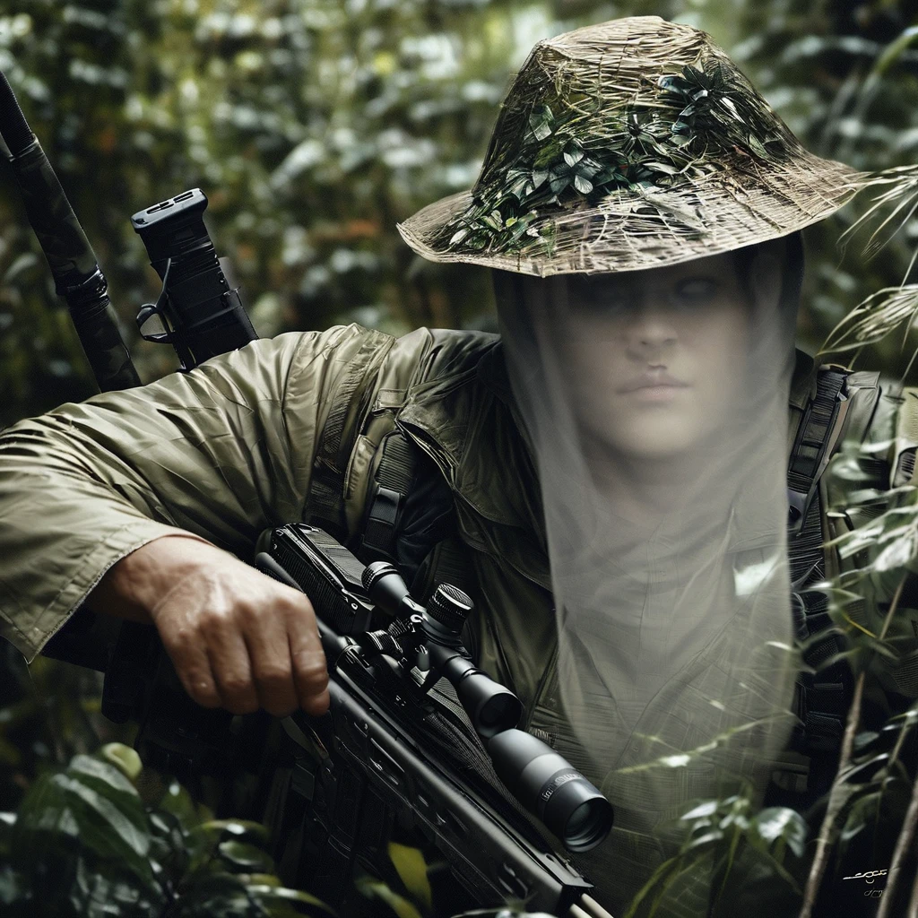 ((Invisible Man:1.5))、Stealth Infantry Combat Group、Invisible Manの複数の女性兵士、The outline of the body is blurred and unclear、He pointed the muzzle of his sniper rifle at me and glared at me.、((Realistic、Real Photo Style))、Dense Jungle、Hiding in the dense jungle、Apply detail paint to face、Assimilating into the jungle、The face and hands are barely visible.。It&#39;s dark because the sunlight doesn&#39;t reach the deep jungle.。