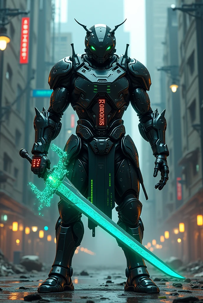 Black robotic suit with green line and saber