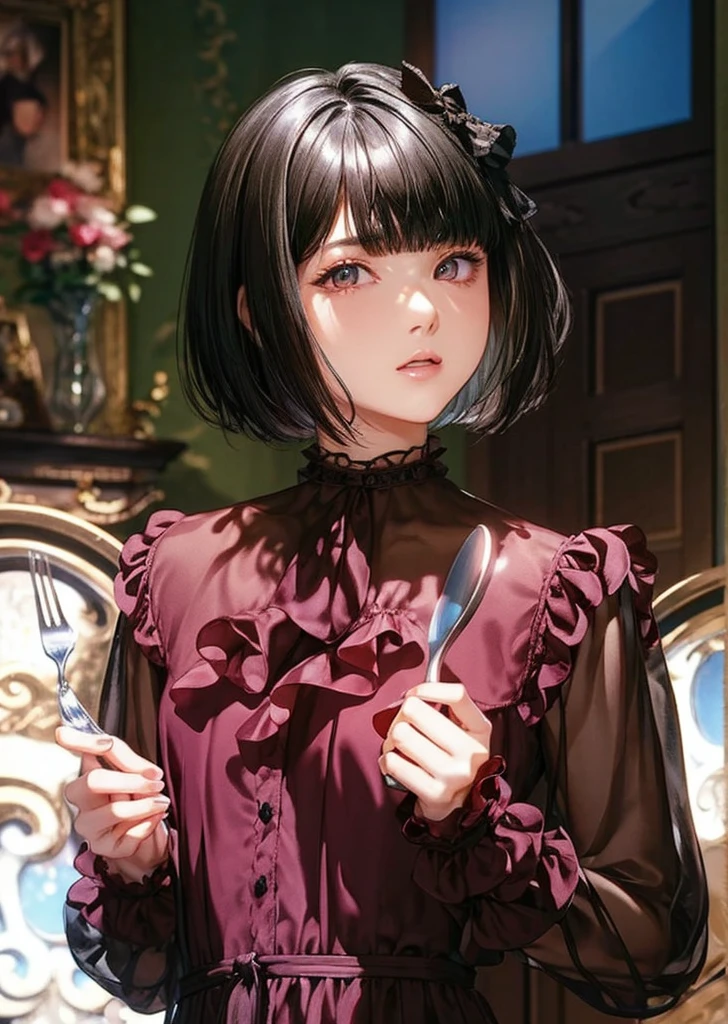 (masterpiece,best quality, looking at viewer),1woman,20 years old,Alone,(Black Hair,short hair,Bobcut,blunt bangs),eye shadow,(Slim Body),Small breasts,Russet frill shirt,Black Ribbon,(Holding a spoon and fork),see-through