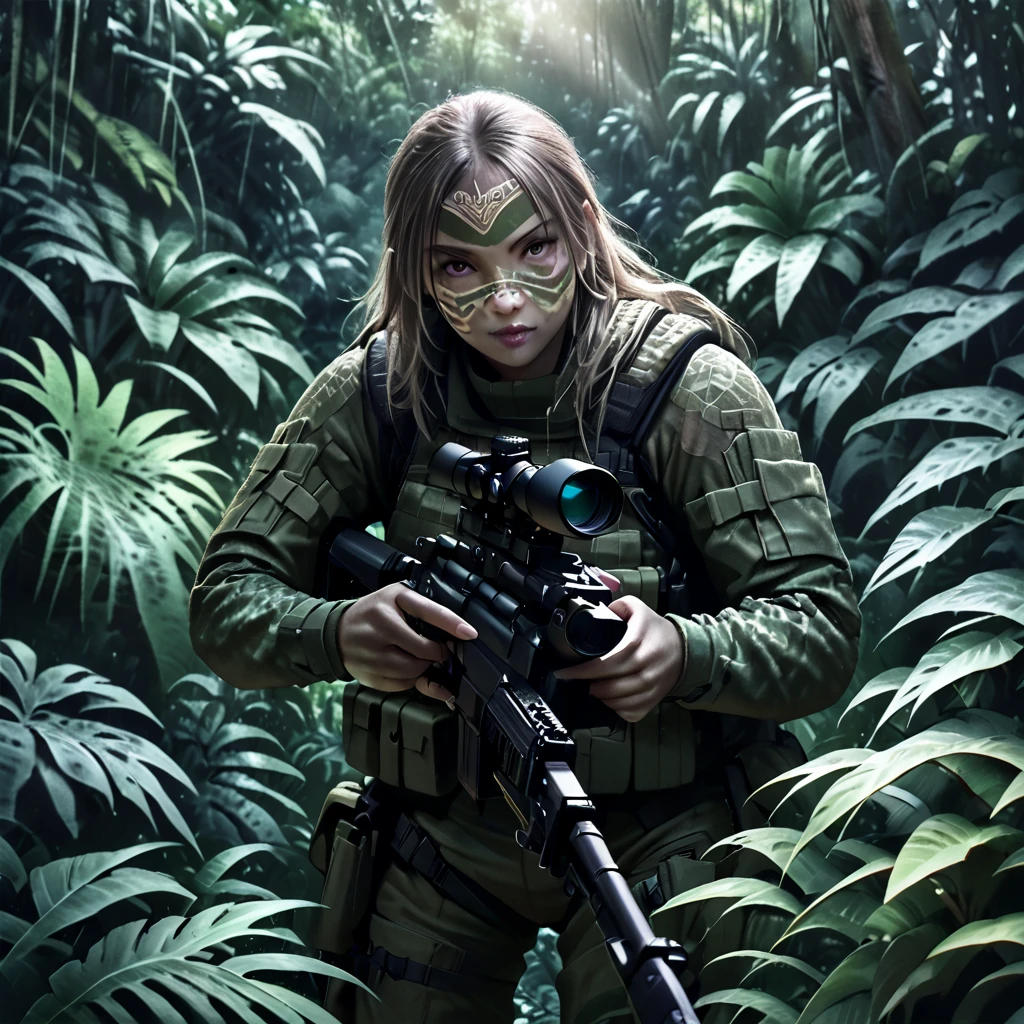 realistic highly detailed transparent stealth female soldier group in a lush dense jungle, multiple transparent female soldiers with blurred body outlines, aiming sniper rifle at viewer, realistic photorealistic style, camouflaged in the jungle, faces painted with intricate designs, barely visible faces and hands, dark and gloomy jungle with limited sunlight penetration