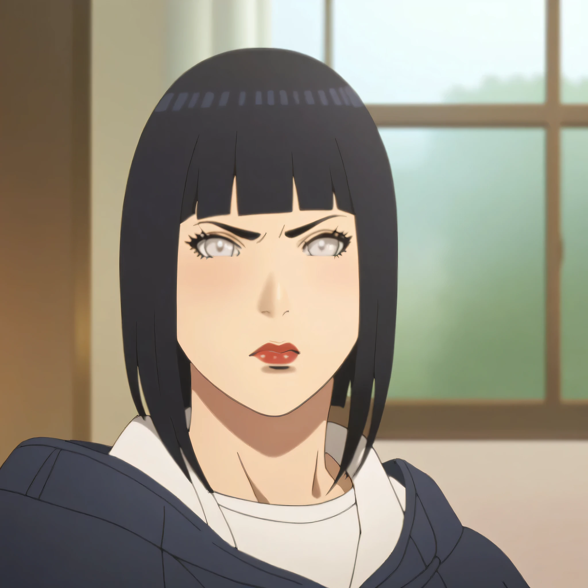 , One,  stands in the room, Hinata,, sexy face with full makeup, angry face, black hair, white eyes, plump red lips, носит кожаные перчатки high quality, high quality
