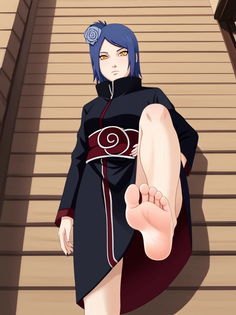 The woman \(Naruto\), alone, 1girl, closed_mouth, akatsuki outfit, (akatsuki outfit:1.1), flower, hair flower, (orange eyes:1.2), black coat，alone，In the village of Japan，In the alley，Dark gray blue hair，soles出汗，barefoot，Perfect feet，Five toes per foot，Low Angle，front，soles，One-leg stand，Lift one foot，Foot Focus，high resolution, Anatomically correct, Focal length 35mm, 