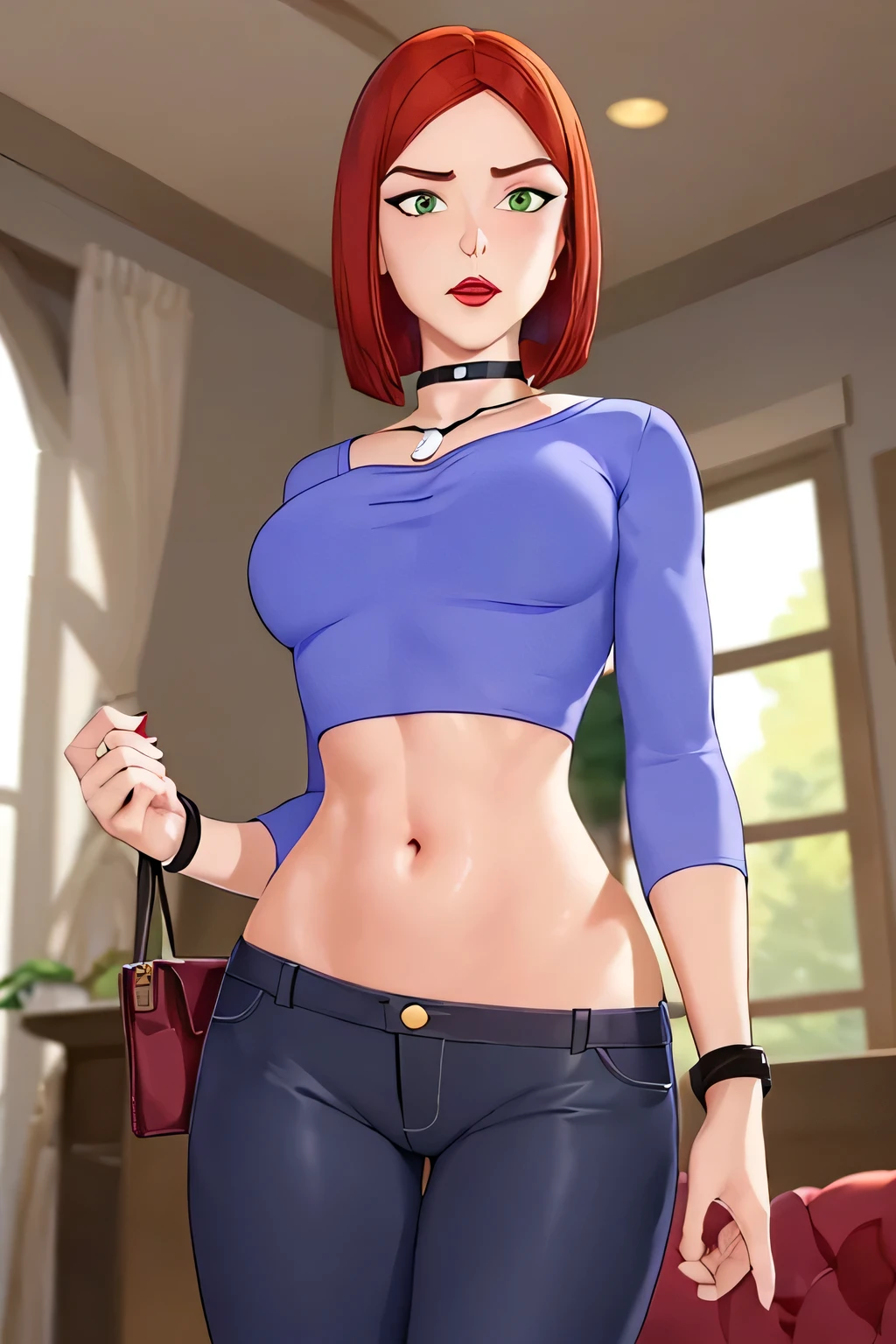 super fine illustration, vibrant colors, masterpiece, sharp focus, best quality, depth of field, looking down, cinematic lighting, ultra detailed, solo, 1girl, belly button, bellybutton, navel, tummy, choker, jewelry, necklace, black choker, blue shirt, crop top, long sleeves, black_pants, jeans, denim, wristband, red hair, short hair, green eyes, makeup, lipstick, red lips, bob cut, lips, mature woman, indoors, embarrassed,  CARTOON_merry_jane_watson_SMTAS_ownwaifu, www.ownwaifu.com, indoors, midriff, blush, open mouth, leaning forward, large navel, small breasts, looking down, hand on own stomach, skinny, slender
