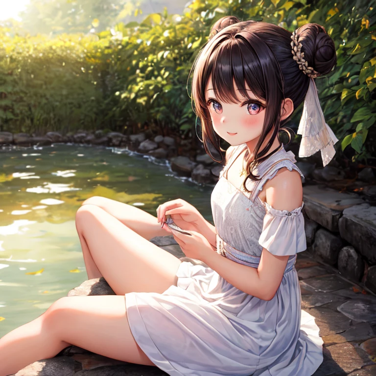 ((Superbly detailed drawing, ultra detailed, exquisite quality, absolutely resolution)), (((A girl wearing a pink gingham checked sailor dress))), (((sitting knees up, straddling, in the river:1.5))), Wet clothes, Focus on the knee, (black hair), in the forest, Summer brook, (light leaks:1.3), (panty shot, white panty:1.2), (blurry background, depth of field, particle effect, caustics:1.5), (photorealistic, isometric 3D, ray tracing, Octane Render),