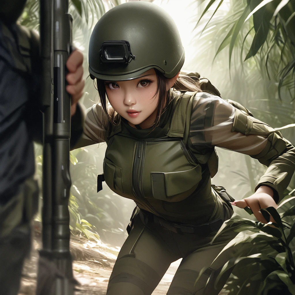 ((Female soldier in see-through combat uniform:1.5))、Stealth Infantry Combat Group、Invisible female soldiers、The outline of the body is blurred and unclear、He pointed the muzzle of his sniper rifle at me and glared at me.、((Realistic、Real Photo Style))、Dense Jungle、Hiding in the dense jungle、Apply detail paint to face、Assimilating into the jungle、The face and hands are barely visible.。It&#39;s dark because the sunlight doesn&#39;t reach the deep jungle.。