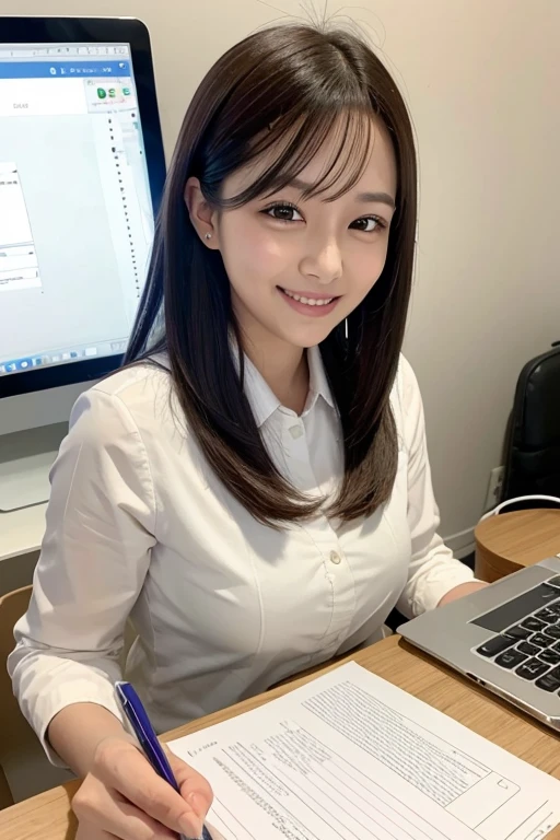 highest quality, shape, Super detailed, finely, High resolution, 8k wallpaper, 完璧なダイナミックな構shape, beautiful and detailed eyes, small face、ランダムなcuteポーズ, Flowing bangs,1 girl, 8K, Raw photo, highest quality, masterpiece,realistic, photo-realistic,smile、beautiful woman、cute、smile、OL、female office worker、career woman、big breasts、suit figure、The background is an office、bright office、There is a desk and a computer