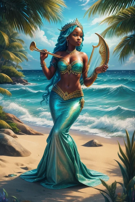 a painting of a mermaid playing a harp on the beach, mami wata, goddess of the ocean, goddess of the sea, portrait of mermaid warrior, mermaid, commission for high res, epic 3 d oshun, nautical siren, epic 3 d yemaya, portrait of mermaid queen, beautiful mermaid, playing harp in magical forest, ariana grande as a mermaid, siren