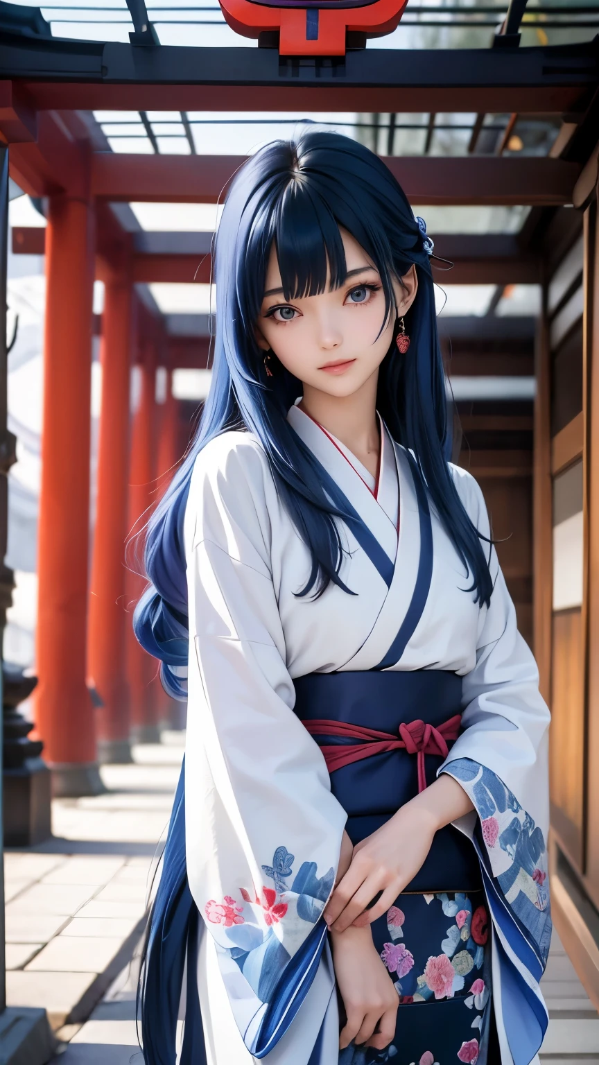 Japan人女性, Japan, (masterpiece, Best Quality), Intricate details, thin, ((slim)), beautiful girl, Straight Hair, Long Hair, Blue Hair, White skin, Light purple eyes, Sharp jawline, Messy Hair, lips, full boy shot, Grin, medieval japanese woman, a beautiful girl with long blue hair, bright blue hair, cute, kimono, middle ages鎌倉, temple, outdoor, japan, Japan, nepal, nun, middle ages, middle agesJapan