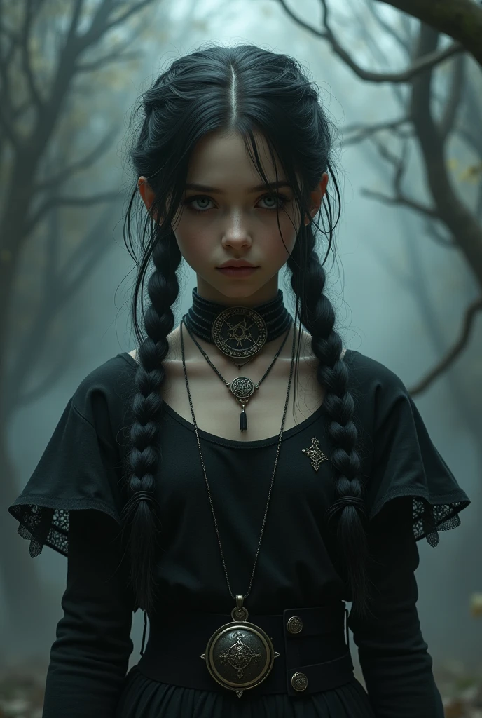 (best quality,photorealestic),(dark,foreboding) japanese woman ,Detailed black eyes,long black hair, that resembles the night,pale skin,visible dark circles under the eyes,athletic body, but strewn with scars,Ominous atmosphere,Gothic aesthetics,Nightmarish appearance,intense look,Mysterious aura, twisted and tense posture,Dramatic shadows and lighting,Vivid contrast between light and dark,Indication of danger,enchanted atmosphere