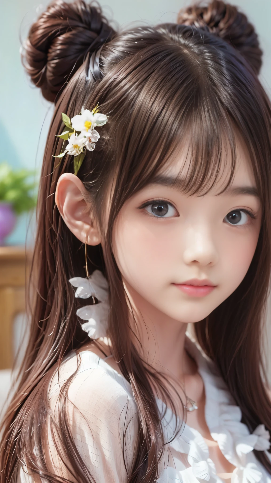there is a young girl with a flower in her hair, ulzzangs, jaeyeon nam, wan adorable korean face, with cute - fine - face, young lovely Korean faces, young cute wan asian face, Ruan cute vtuber, young and cute girl, With flowers, xintong chen, Korean girl, chiho, lee ji eun
