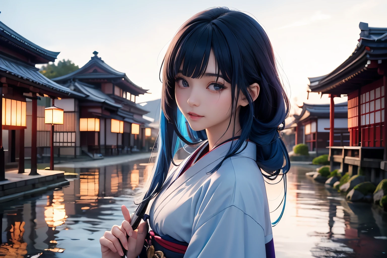 Japan人女性, Japan, (masterpiece, Best Quality), Intricate details, thin, ((slim)), beautiful girl, Straight Hair, Long Hair, Blue Hair, White skin, Light purple eyes, Sharp jawline, Messy Hair, lips, full boy shot, Grin, medieval japanese woman, a beautiful girl with long blue hair, bright blue hair, cute, kimono, middle ages鎌倉, temple, outdoor, japan, Japan, nepal, nun, middle ages, middle agesJapan