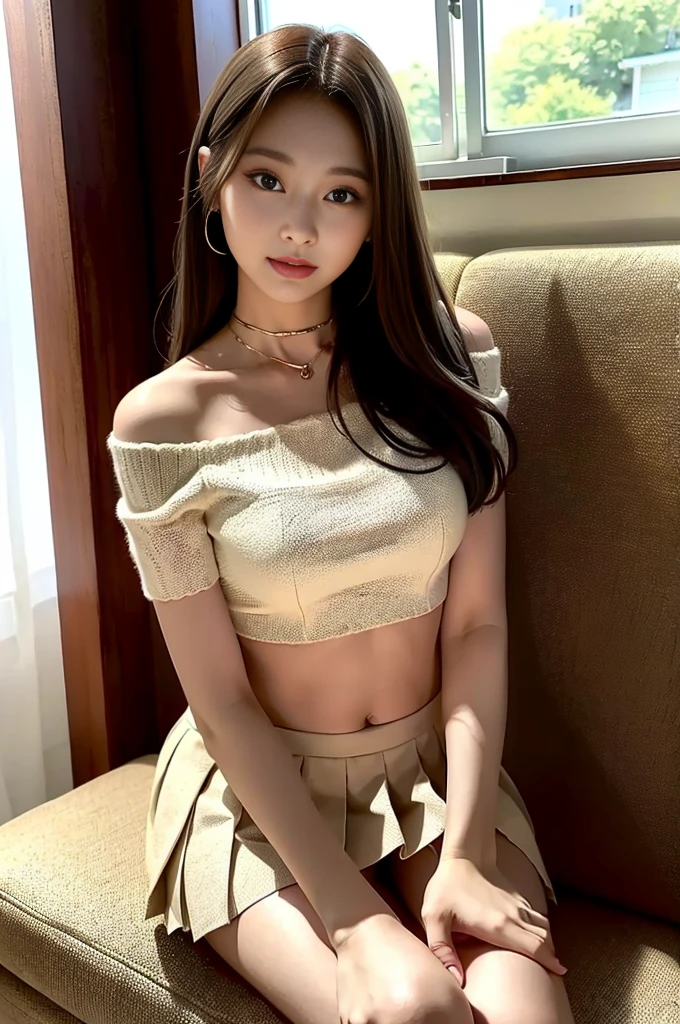 Indonesian face girl, wear skirt, Girl sitting on chair, open crossing leg, seeing panties on skirt, visible white panties