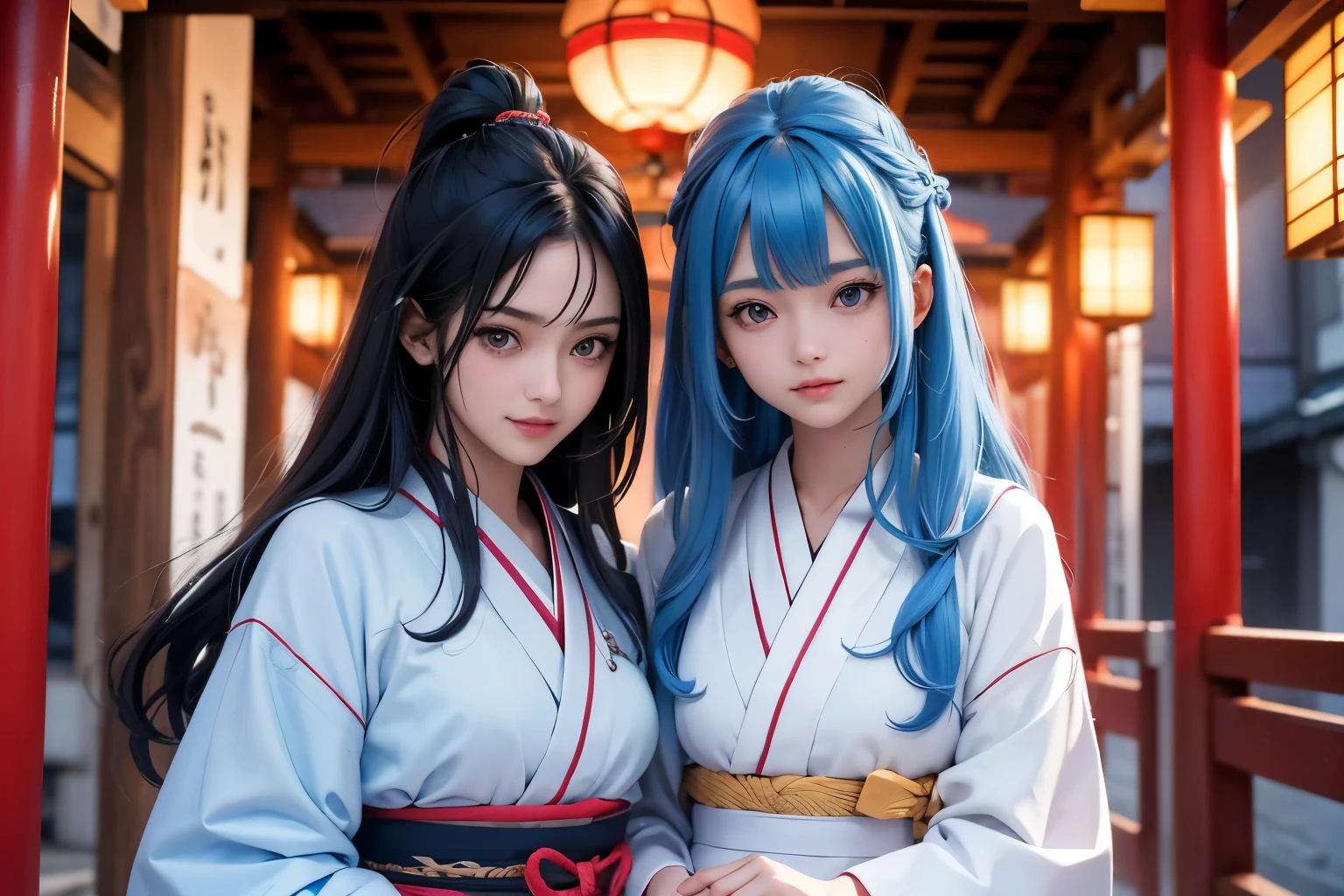 Japan人女性, Japan, (masterpiece, Best Quality), Intricate details, thin, ((slim)), beautiful girl, Straight Hair, Long Hair, Blue Hair, White skin, Light purple eyes, Sharp jawline, Messy Hair, lips, full boy shot, Grin, medieval japanese woman, a beautiful girl with long blue hair, bright blue hair, cute, kimono, middle ages鎌倉, temple, outdoor, japan, Japan, nepal, nun, middle ages, middle agesJapan