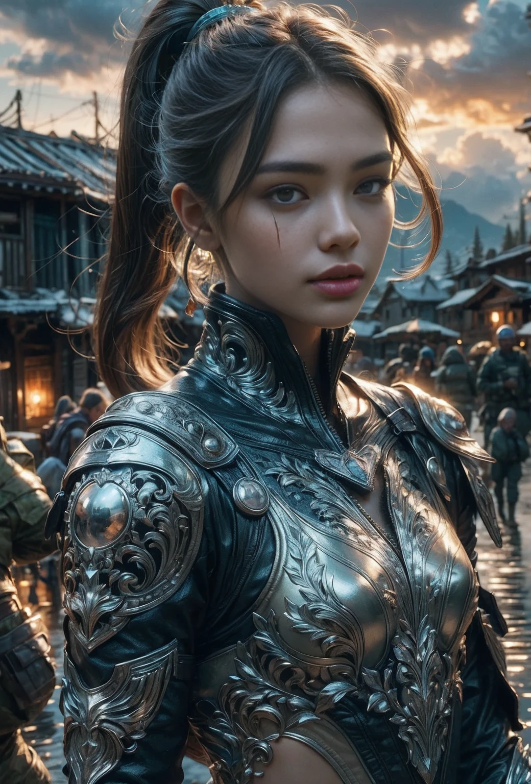 beautiful girl in a war-torn landscape, a sunny spring day, extremely detailed, masterpiece, best quality, high resolution, lush natural scenery, wet ground, 1 girl, brown hair in a ponytail, wearing military gear and armor, dirty face with blood splatters, dramatic cloudy sky