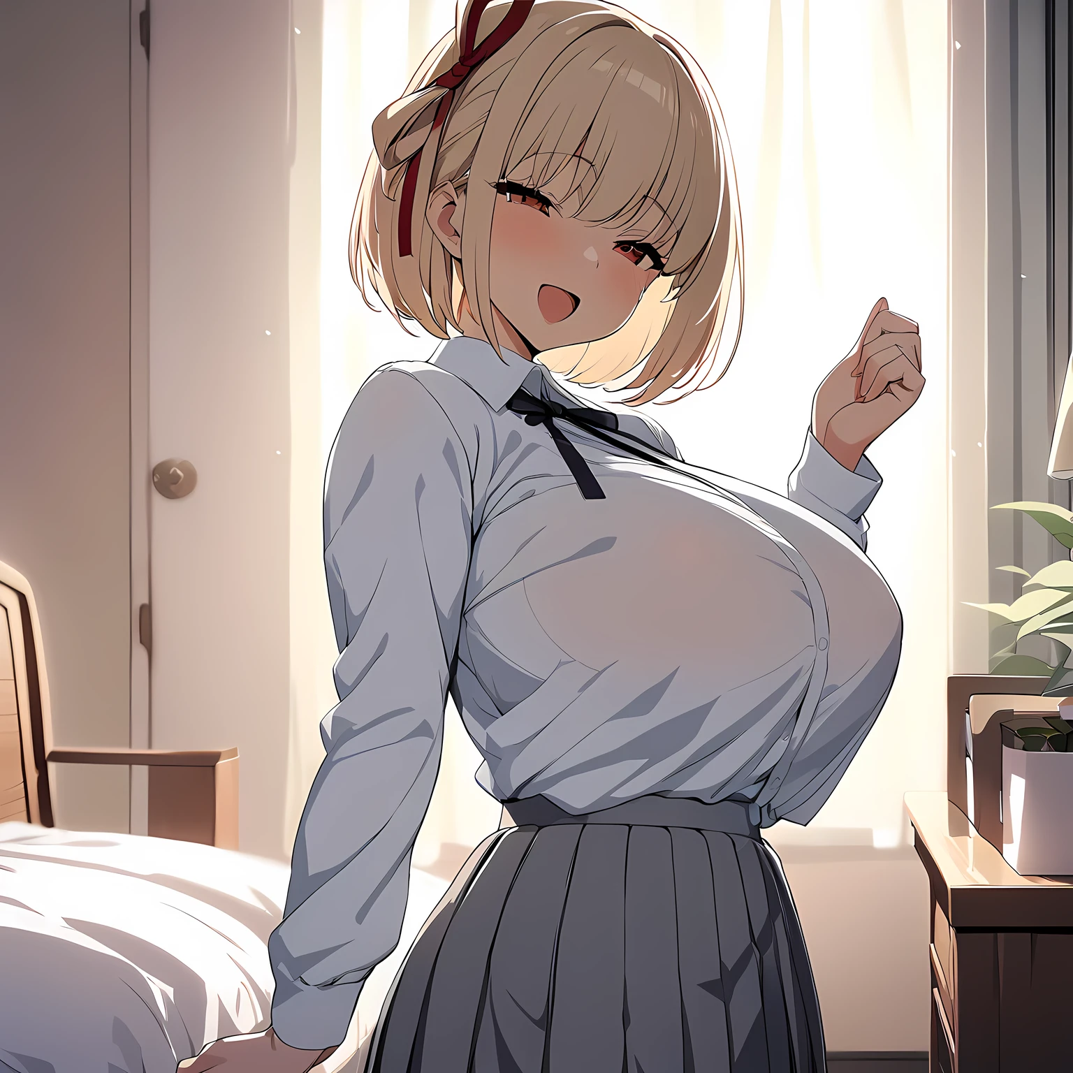 masterpiece, Highest quality, One Girl, game cg  nishikigi chisato, Bobcut, Hair Ribbon, White shirt、 Grey pleated skirt,Thin tie ribbon, Long sleeve, Huge breasts, Bedroom, Wink, Are standing,Open your mouth、 smile、From the side:0.5、Eyes half closed