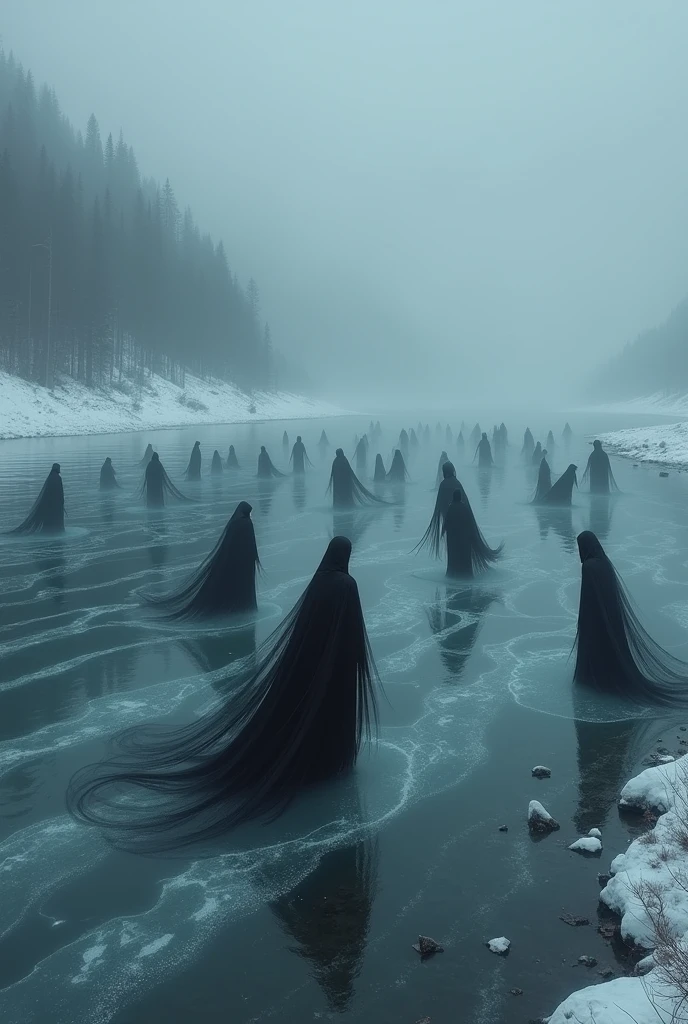 Dark image of 3 scary women, their heads come out of the water, they have long black hair, leurs expression est horrifique, the background is made of snow