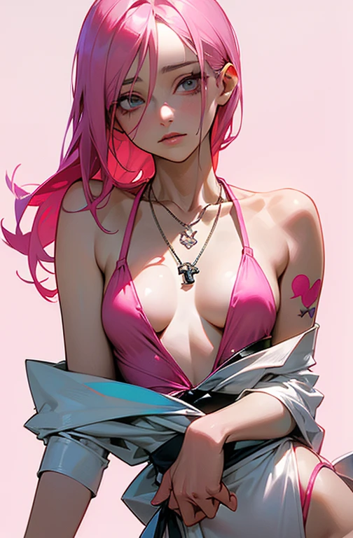 Cool woman、sexy、Center of chest、Rize from Chainsaw Man、Beauty、Yandere、、Face close-up、Kiss with your eyes closed、Chest tattoo、Christian Dior Necklace、(Background white)、(Swimwear)、((From the waist up)).((Small breasts)).((Her hair is deep pink)).