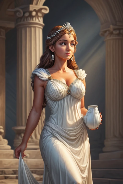 a cartoon picture of a woman in a white dress holding a cup, greek myth digital painting, the goddess hestia, greek goddess, gorgeous goddess of leo, goddess of greek mythology, portrait of modern darna, roman goddess, beautiful goddess, ancient goddess, goddess inanna, female goddess, the greek goddess aphrotite, goddess. extremely high detail