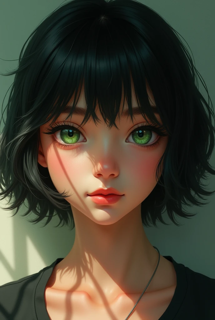 Teenager with black hair and green eyes